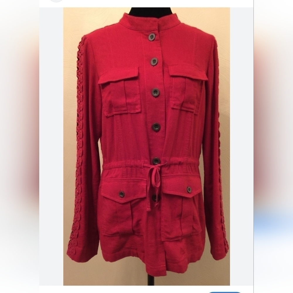 Stoosh jacket.  Linen/rayon . Sz small.  Burgundy. Button up. Lace sleeves.